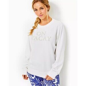 Lilly Pulitzer Ballad Cotton Sweatshirt Women's S White On Vacay Embellished